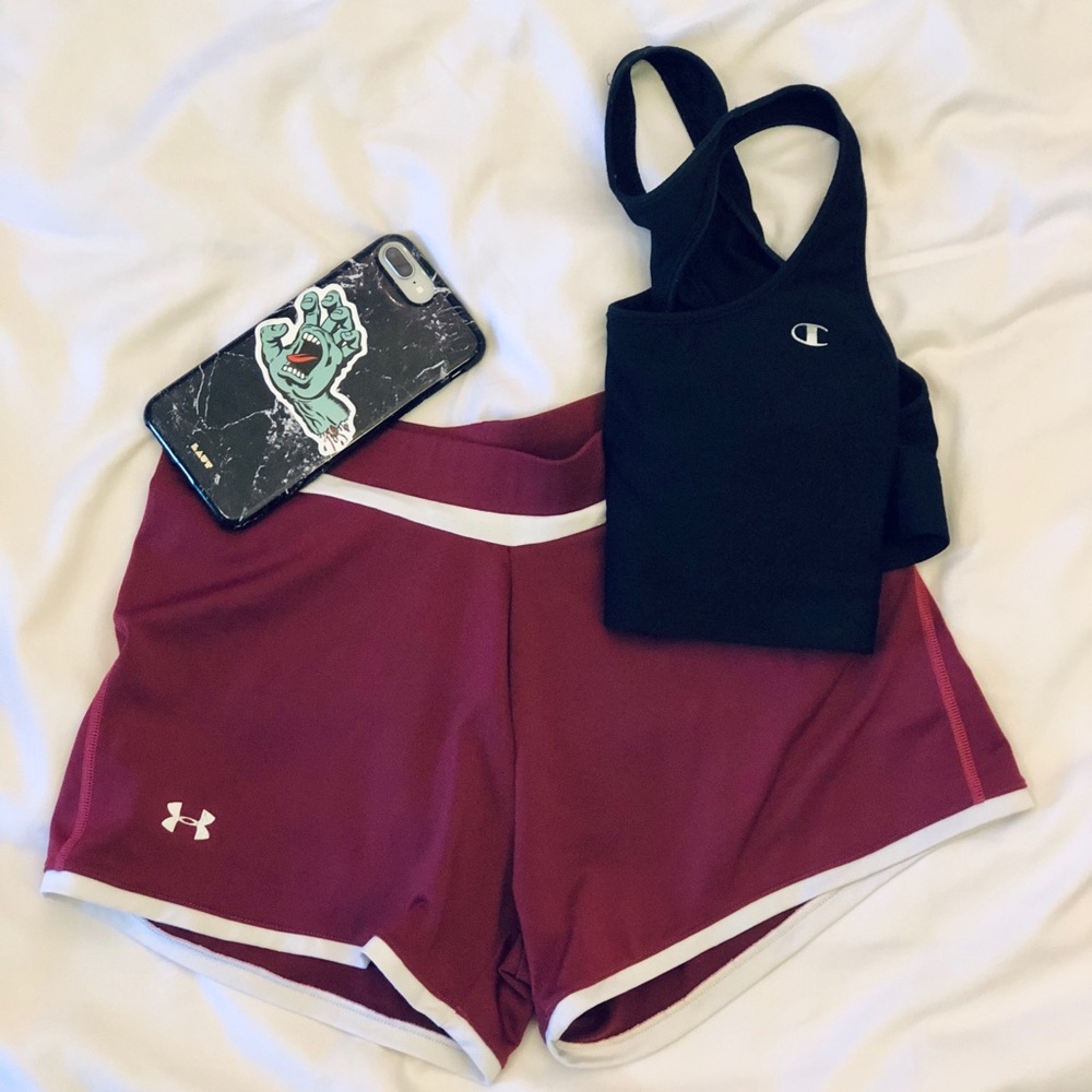 Under Armour maroon and white running shorts